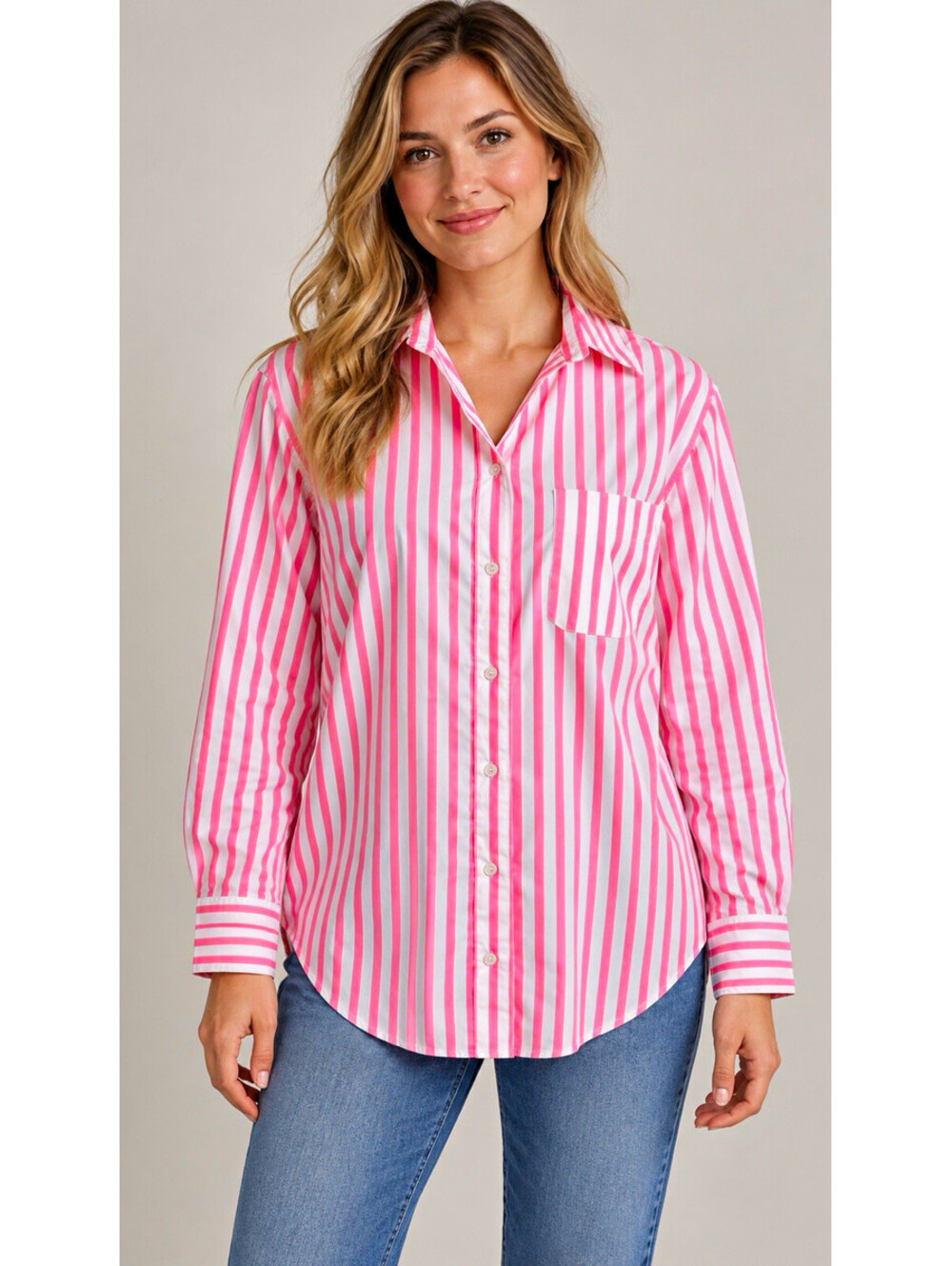 A New Day Women’s S Pink/White Striped Collared Long Sleeve Button-Up Blouse